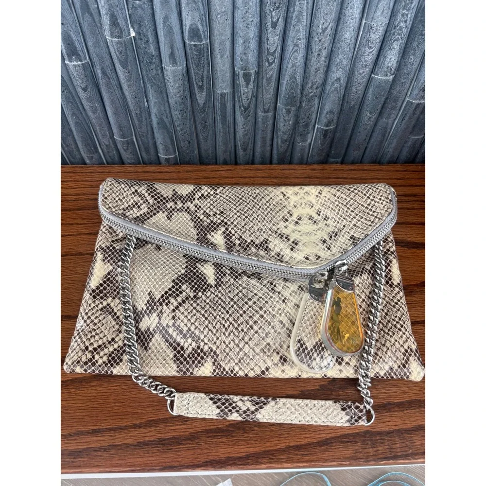 Henri Bendel Snakeskin Embossed Leather Convertible Clutch Crossbody Bag Tan
